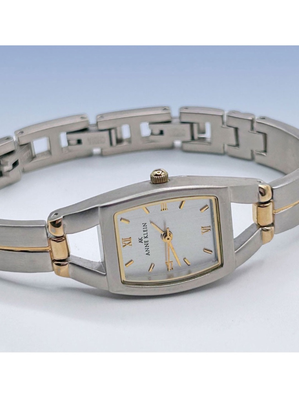 ANNE KLEIN Women's Satin Silver & Gold-Tone Bangle Bracelet Tonneau Watch